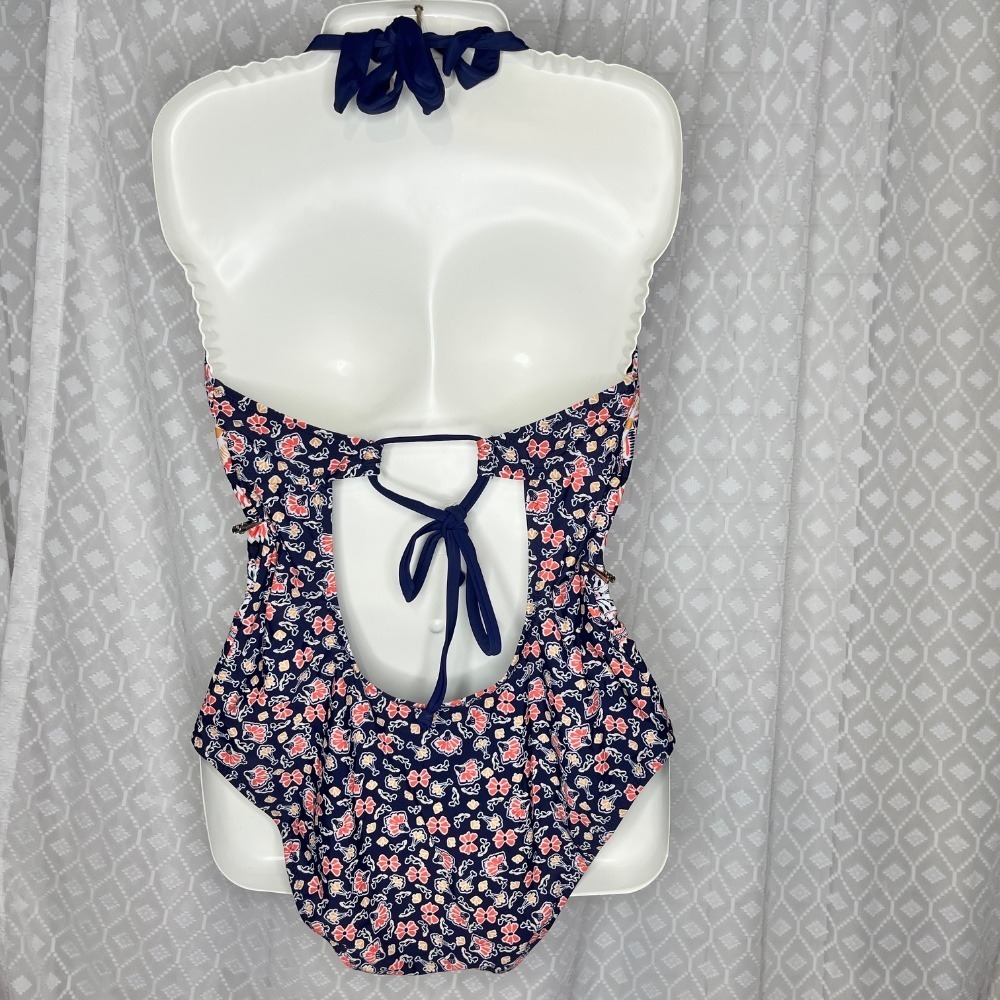 Kona Sol One‎ Piece Swimsuit Plunge Halter Floral Recycled Fabric Size L - Picture 2 of 5